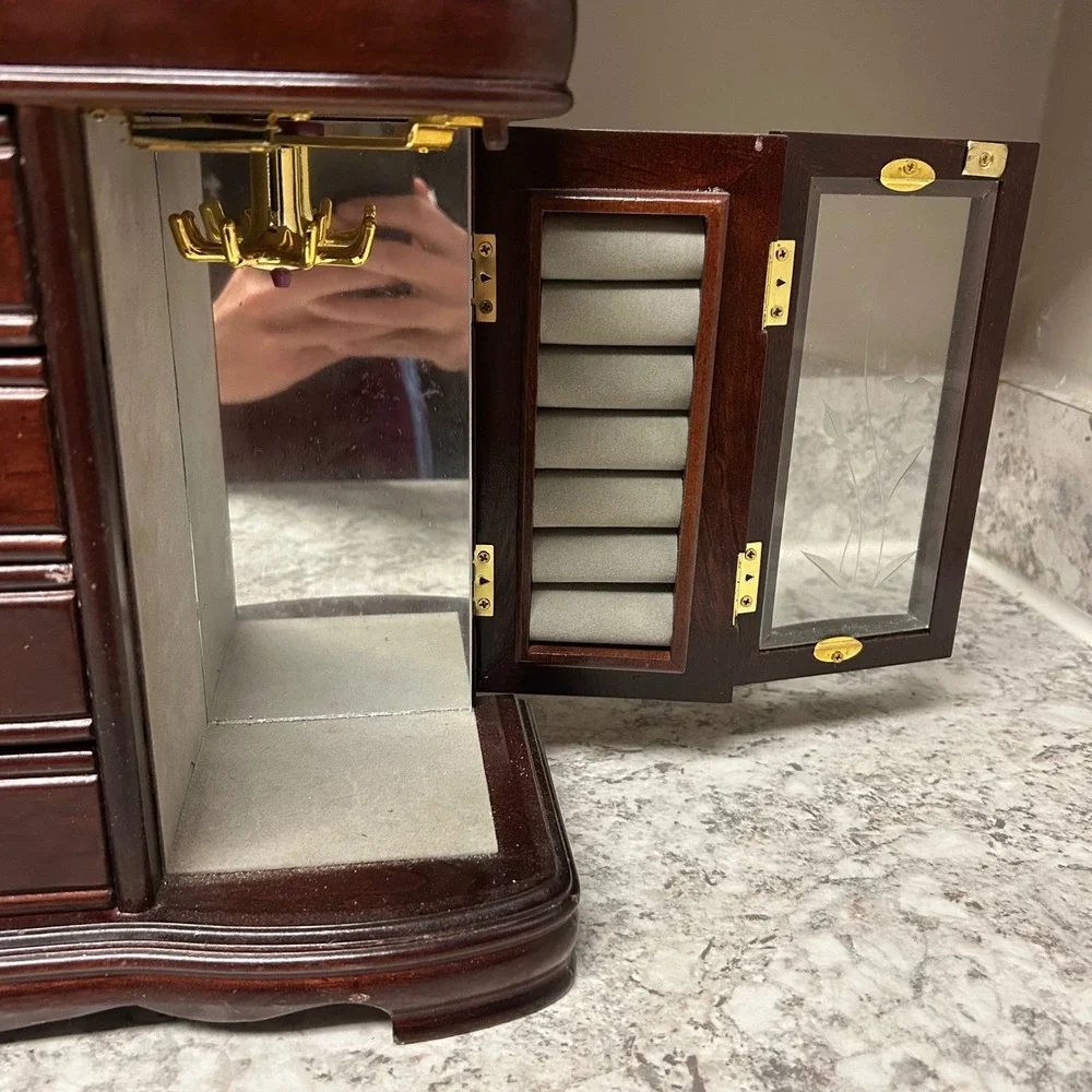 Vintage Wood Jewelry Armoire Large Brown Etched Glass 4-Drawer Rotating Hooks